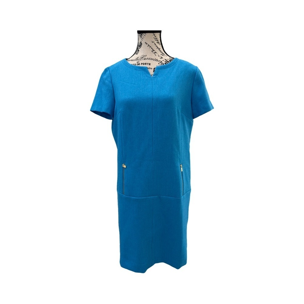 Tahari Arthur S. Levine Classic  Blue Short Sleeve Cocktail Shift Dress Size 10 - Picture 3 of 12